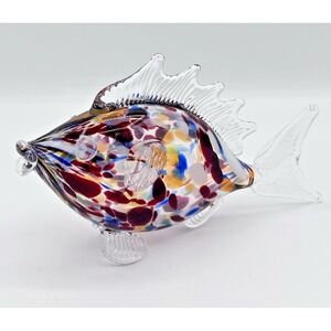 Hand Blown Art Glass Fish Figurine Multicolor Confetti Murano Style 6" decor pc